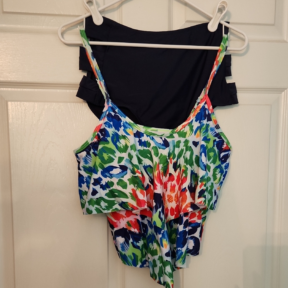 Shekini Vibrant Multicolor Women's Bikini Top W/ Navy Blue High Waist Bottoms, L